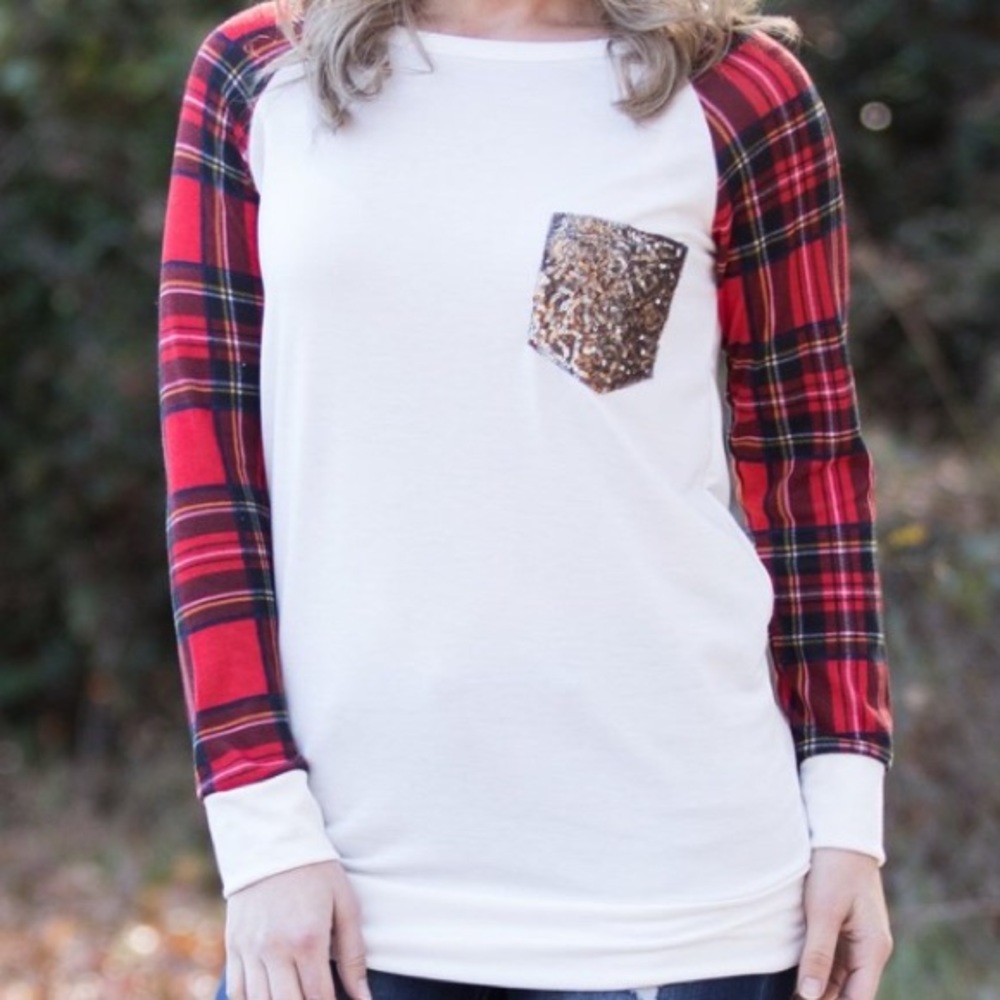 Plaid arms, gold sequin pocket. Long sleeve